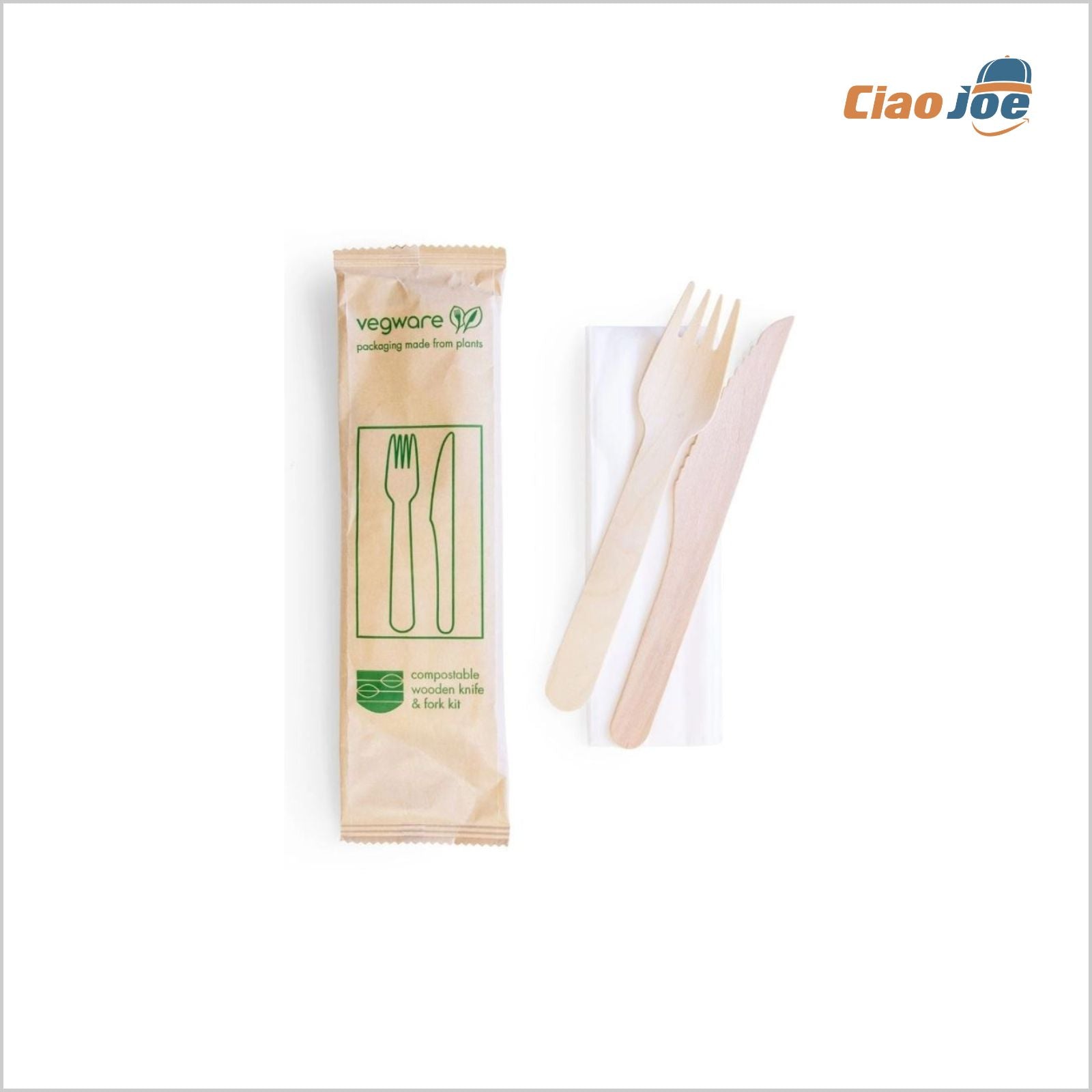Set Posate Legno BIS – Forchetta + Coltello + Tovagliolo Imbustati 50 pz - Ciao Joe