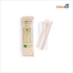 Set Posate Legno BIS – Forchetta + Coltello + Tovagliolo Imbustati 50 pz - Ciao Joe