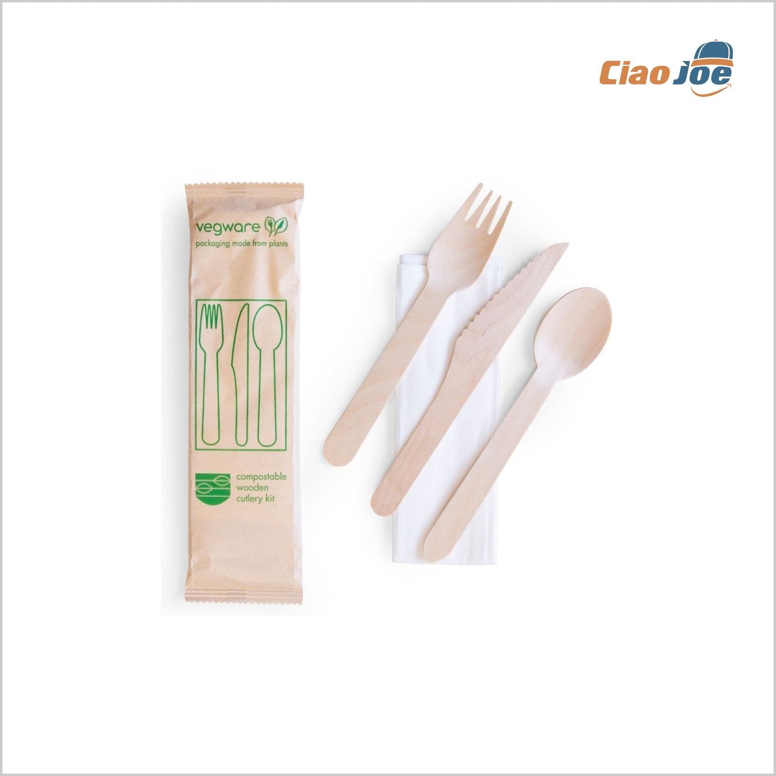 Set Posate Legno TRIS – Forchetta + Cucchiaio + Coltello + Tovagliolo 50 pz - Ciao Joe