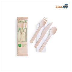 Set Posate Legno TRIS – Forchetta + Cucchiaio + Coltello + Tovagliolo 50 pz - Ciao Joe